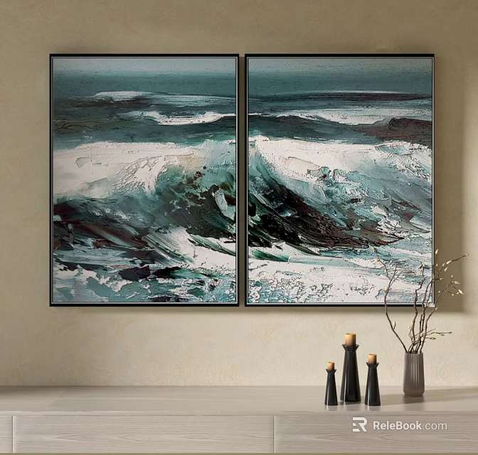 Two Panel Ocean Wave Decorative Wall Art For Living Room Interior 3d model
