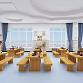 Spacious School Classroom Interior Featuring Organized Desks Chairs And Bookshelves Layout 3d model