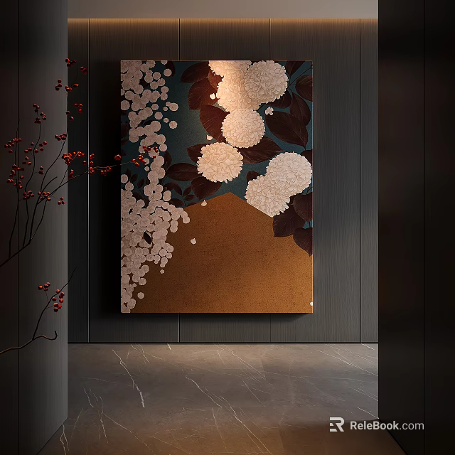 Abstract Painting With White Flowers Dark Background And Golden Modern Interior Decor 3d model 