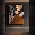 Abstract Painting With White Flowers Dark Background And Golden Modern Interior Decor
