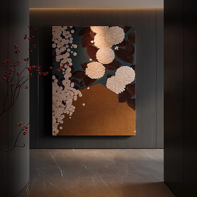 Abstract Painting With White Flowers Dark Background And Golden Modern Interior Decor 3d model