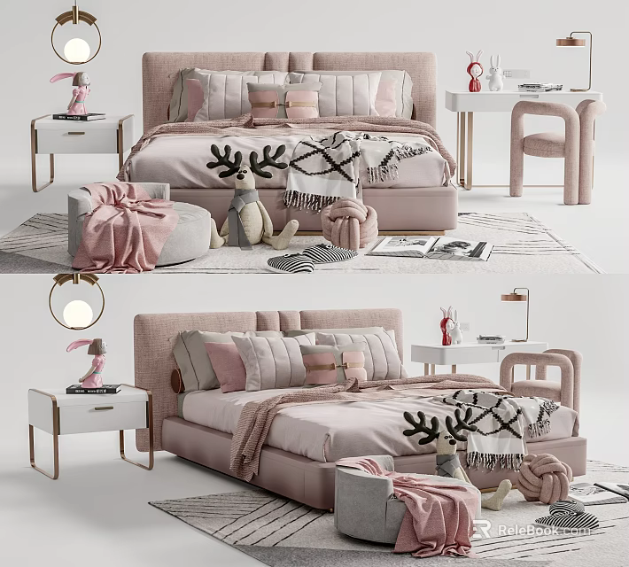 Cozy Pink Children's Bed with Soft Pillows Stuffed Toys Bedside Table in Modern Kids Bedroom 3d model 