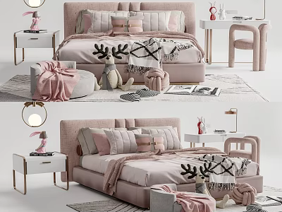 Cozy Pink Children's Bed with Soft Pillows Stuffed Toys Bedside Table in Modern Kids Bedroom 3d model
