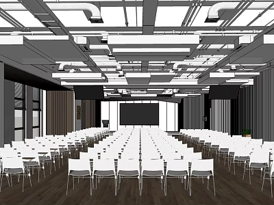 Spacious Conference Room Interior With Arranged White Chairs Large Screen And Ceiling Lighting 3d model