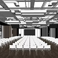 Spacious Conference Room Interior With Arranged White Chairs Large Screen And Ceiling Lighting 3d model