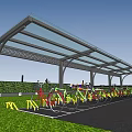 Outdoor Bicycle Parking Lot With Glass Canopy Metal Frame And Green Lawn