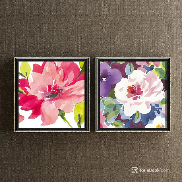 Watercolor Botanical Paintings with Red White Purple Flowers in Black Gold Frames on Dark Wall 3d model 