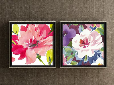 Watercolor Botanical Paintings with Red White Purple Flowers in Black Gold Frames on Dark Wall 3d model