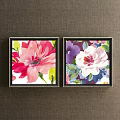 Watercolor Botanical Paintings with Red White Purple Flowers in Black Gold Frames on Dark Wall