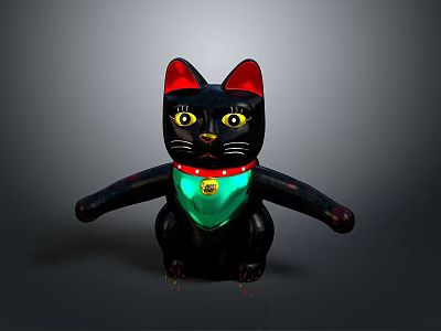 Black Cat Figurine With Red Ears Yellow Eyes And Red Collar Green Pendant Decoration 3d model