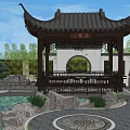 Chinese Courtyard Garden with Traditional Pavilions Rockery Red Maple Tree And Carved Screens