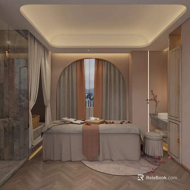 Luxurious SPA Sauna Room Interior With Massage Bed Flower Petals And Elegant Curtains 3d model 