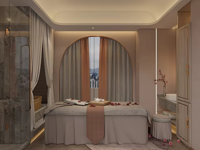 Luxurious SPA Sauna Room Interior With Massage Bed Flower Petals And Elegant Curtains 3d model
