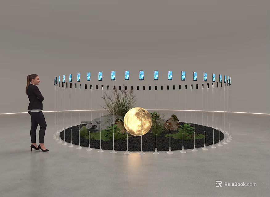 Contemporary Art Installation With Circular Hanging Blue Elements And Central Moonlike Sphere 3d model