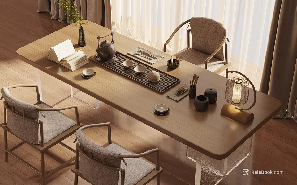 Contemporary Wooden Tea Table And Chairs With Tea Set Cups Pot And Tray 3d model 