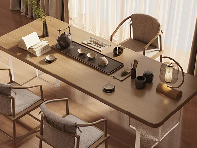 Contemporary Wooden Tea Table And Chairs With Tea Set Cups Pot And Tray 3d model