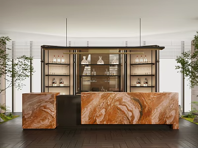 Modern Bar Counter With Orange Marble Top Shelves With Bottles And Green Plants 3d model