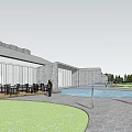 Modern Sales Office Building With Unique Roof Design Water Features And Lush Tree Landscaping