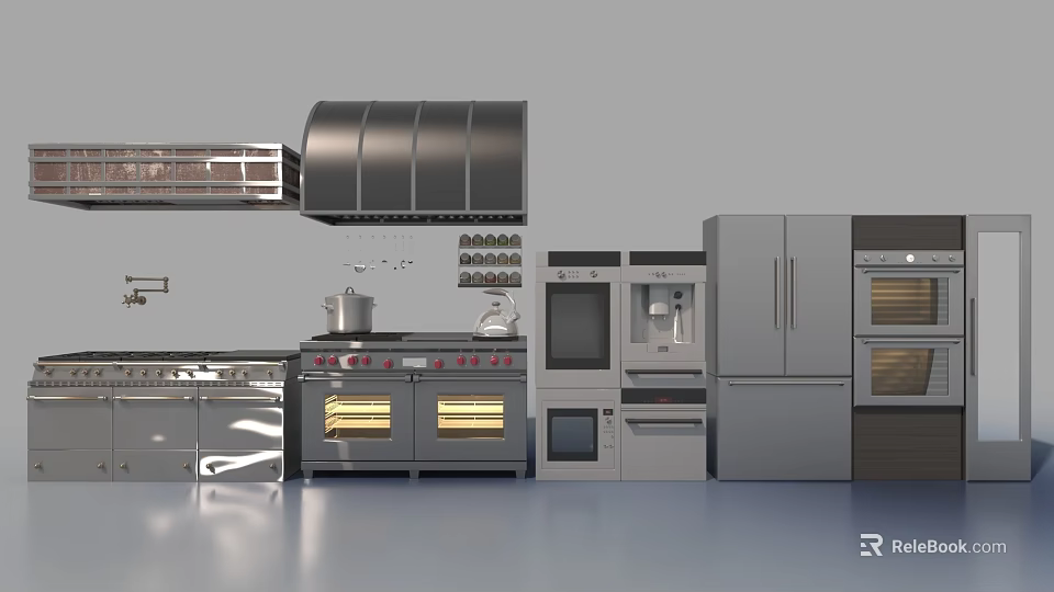 Modern Style Kitchen Appliances Including Range Hood Stove Oven Refrigerator and Coffee Maker 3d model 