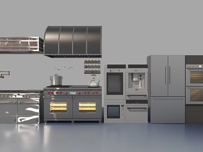 Modern Style Kitchen Appliances Including Range Hood Stove Oven Refrigerator and Coffee Maker 3d model