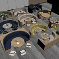 Stylish Modern Booth Sofas In Restaurant Dining Area With Round Tables And Chairs Layout 3d model