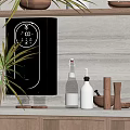 Stylish Decorative Ornament Combination On Countertop With Green Plant Glass Bottles And Wooden Accents