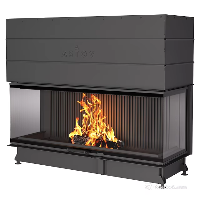 Modern Sleek Black Steel Fireplace With Glass Front And Burning Flames 3d model 