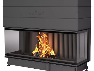 Modern Sleek Black Steel Fireplace With Glass Front And Burning Flames 3d model