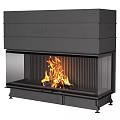 Modern Sleek Black Steel Fireplace With Glass Front And Burning Flames