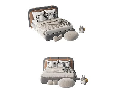 Cozy Kids Bed with Upholstered Headboard Pillows Blanket Ottoman and Stuffed Toy 3d model
