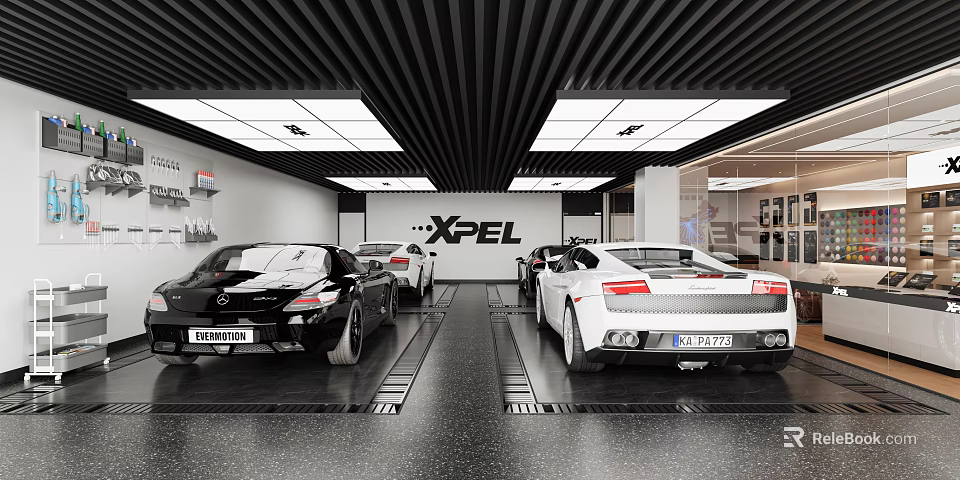 XPEL Car Showroom Interior With Luxury Sports Cars On 3d model 