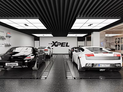 XPEL Car Showroom Interior With Luxury Sports Cars On 3d model