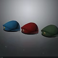 Blue Red Green Beret Hats With Golden Badge On Dark Reflective Background