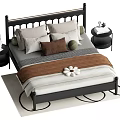 Double Bed with Black Frame Headboard Multiple Pillows Brown Throw Blanket Nightstands Light Rug 3d model