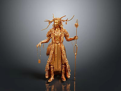 Golden Woman Statue With Antlers Intricate Ornate Clothing Scepter And Scales 3d model