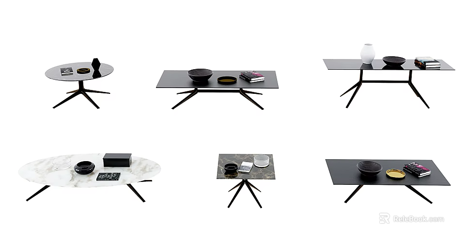 Modern Coffee Tables with Black Frames Various Shapes Marble Tops and Decorative Items 3d model
