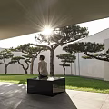 Serene Garden Landscape With Green Lawn Pine Trees White Buildings And Open Sky