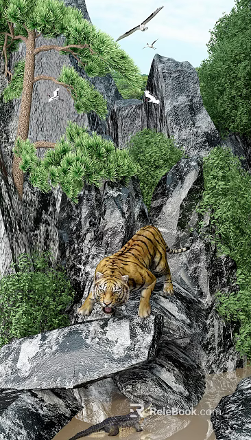 Wild Reptile Lizard Crawling On Rocky Surface With Green Trees 3d model