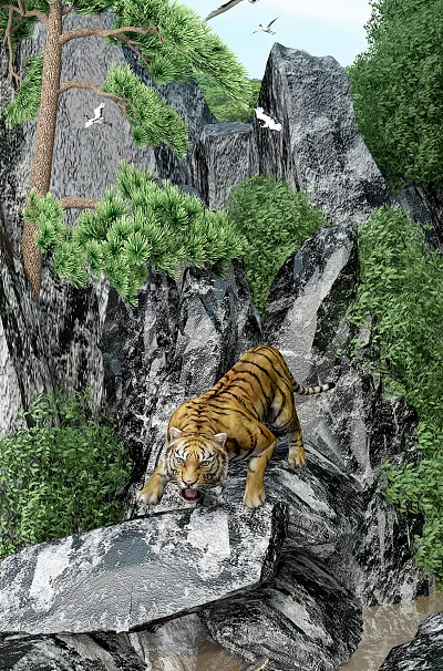 Modern tiger fierce tiger down the mountain 3d model