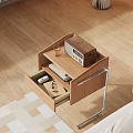 Wooden Bedside Table with Radio Glass and Books in Drawer and Metal Legs