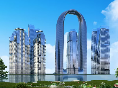 Modern Skyscraper Office Building With Arch Shaped Design Glass Curtain Wall Water Feature And Greenery 3d model