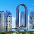 Modern Skyscraper Office Building With Arch Shaped Design Glass Curtain Wall Water Feature And Greenery