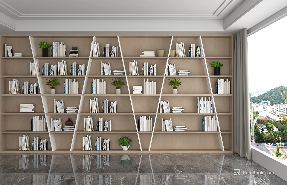 Modern Light Wooden Shelving Unit With Neatly Arranged Books And Small Plants 3d model 