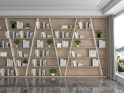 Modern Light Wooden Shelving Unit With Neatly Arranged Books And Small Plants 3d model