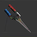 Colorful Metal Weapon With Red Blue Components Sharp Blade On Green Rusty Stand