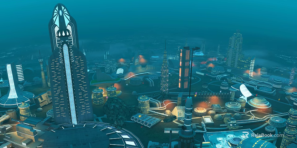 Futuristic City Aerial Planning With Tall Illuminated Buildings Curved Roadways and Green Spaces 3d model 