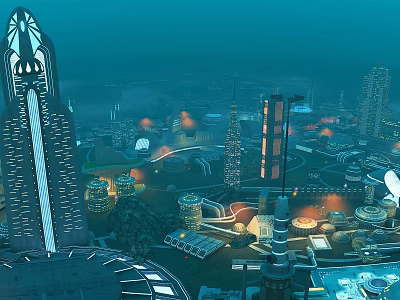Futuristic City Aerial Planning With Tall Illuminated Buildings Curved Roadways and Green Spaces 3d model