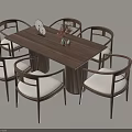Modern Wooden Dining Table Set With Six White Cushioned Chairs And Decorative Items