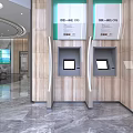 Modern Service Hall Interior Design With Reception Desk Digital Screens And Seating Area