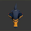 Cartoon Style Yellow And Blue Smiling Wolf Head With Pointed Ears And Red Bell
